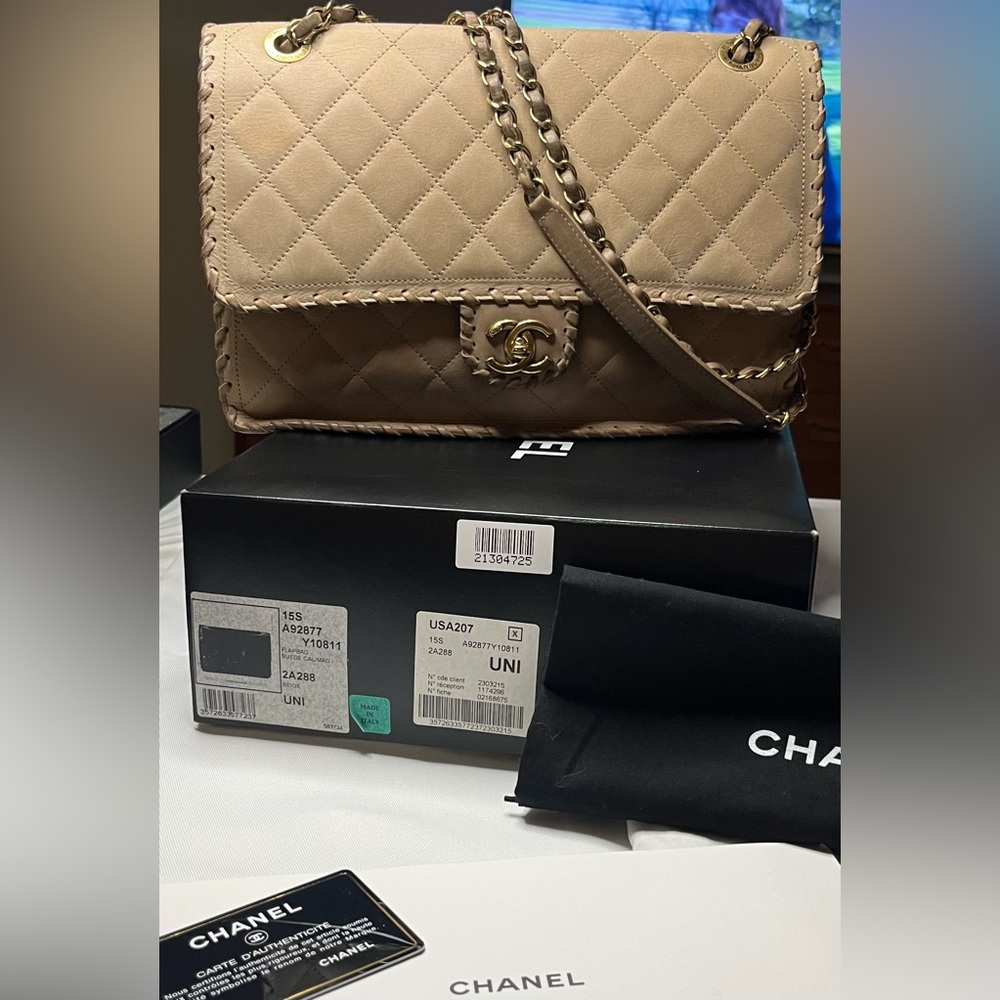 Chanel Calfskin Suede Quilted Wild happy Stitch Flap Beige/gold Handbag Classic